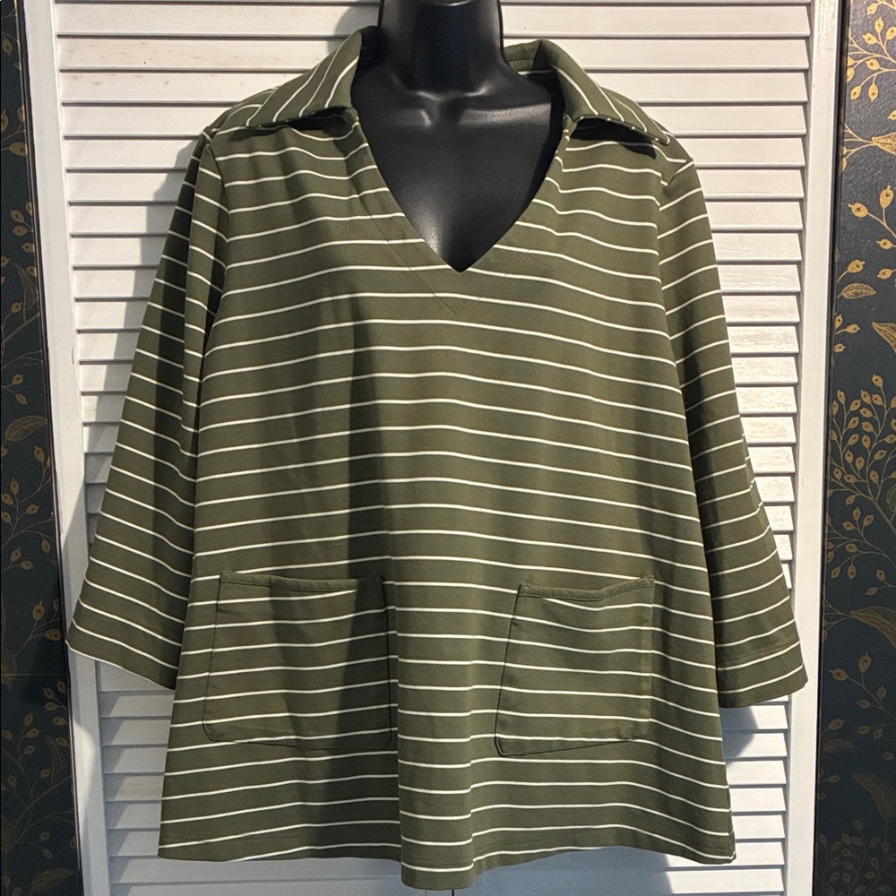 Tuckernuck Olive Green and White Striped V-Neck Pullover Blouse